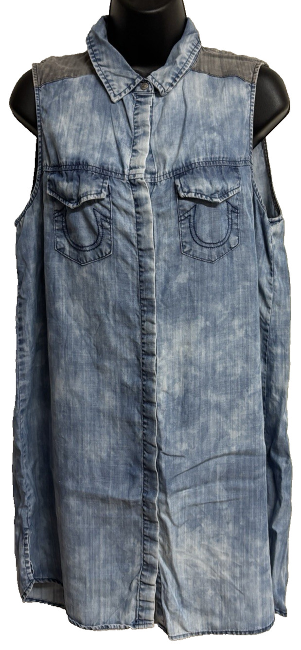 True Religion Women Chambray Dress Size Medium Snap Button Collar Sleeveless EUC